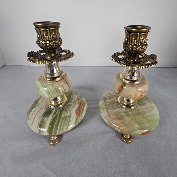 Vintage Pair of Italian Cream/Green Gilded Metal Candlesticks by Aram With Label - Picture 1 of 12